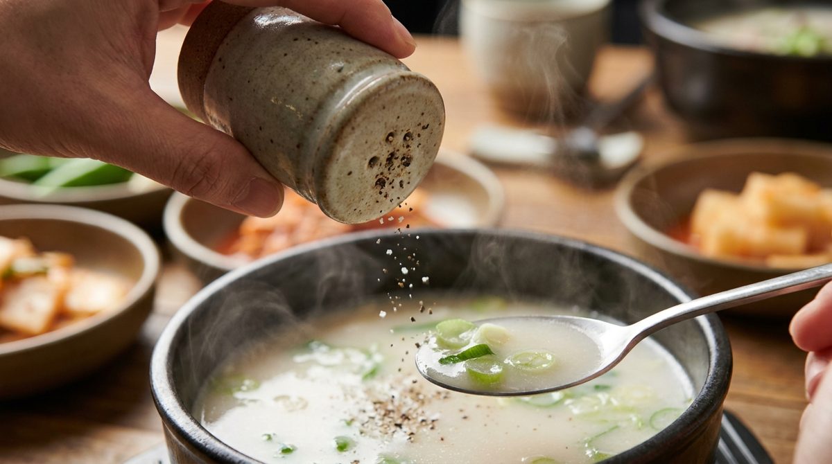 Adding salt and pepper to seolleongtang Korean ox bone soup - how to eat it