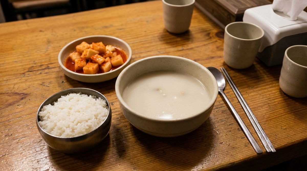 Seolleongtang served with kkakdugi radish kimchi at a Korean 24-hour diner