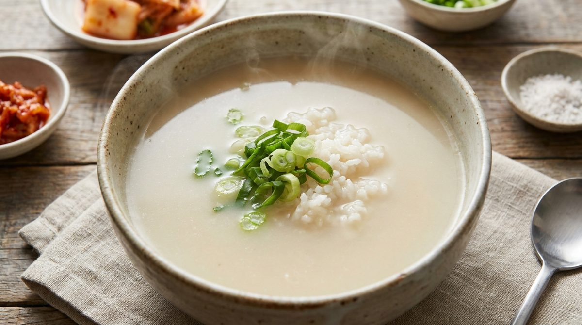 Seolleongtang - milky white Korean ox bone soup with rice and scallions