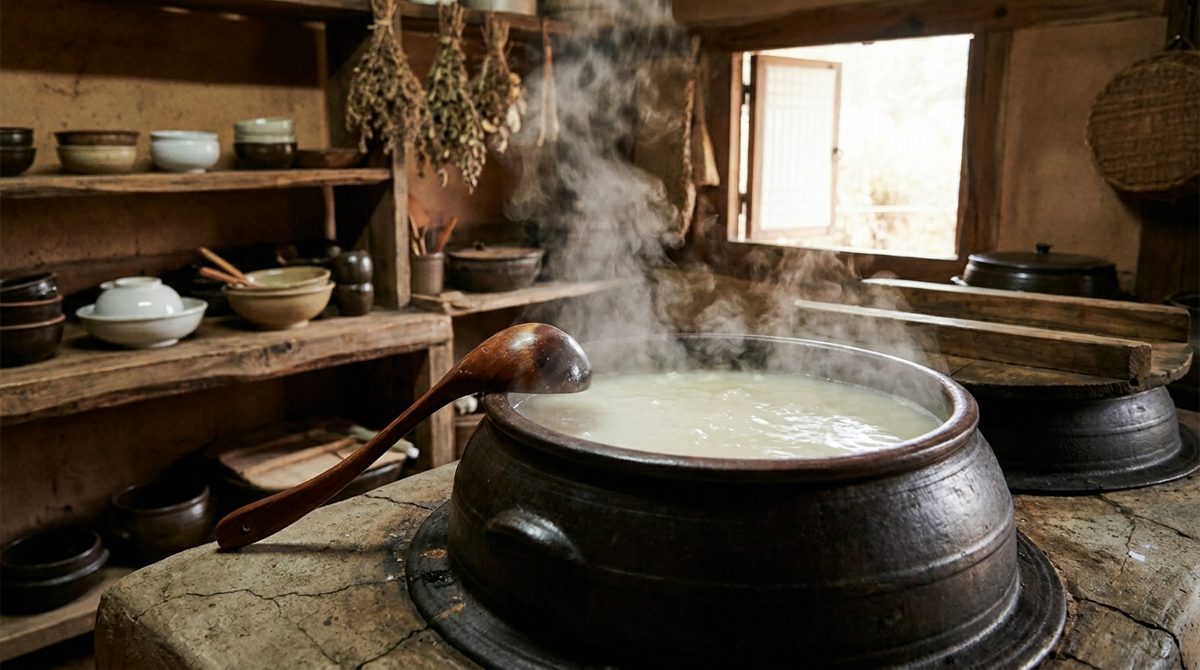 Seolleongtang ox bone broth simmering for hours in a large pot - how it's made