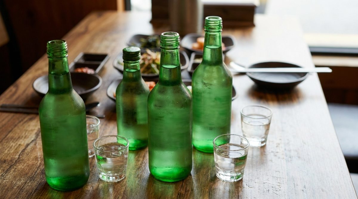 Green Korean soju bottles with shot glasses on a restaurant table