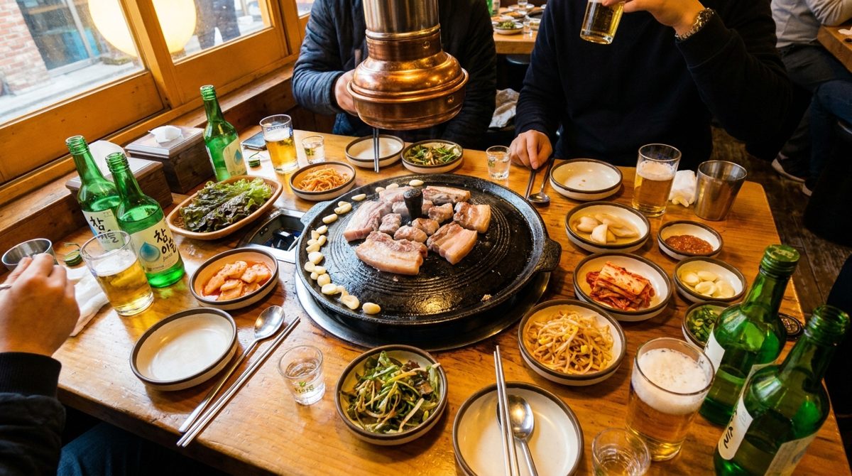 Soju bottles and shot glasses on a Korean BBQ table with grilled pork belly and banchan