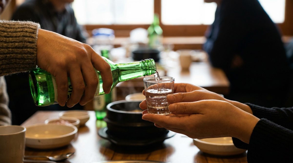 Pouring soju into a shot glass with two hands, Korean drinking etiquette