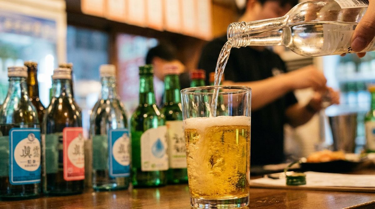 Somaek soju and beer mix being poured, Korean drinking culture