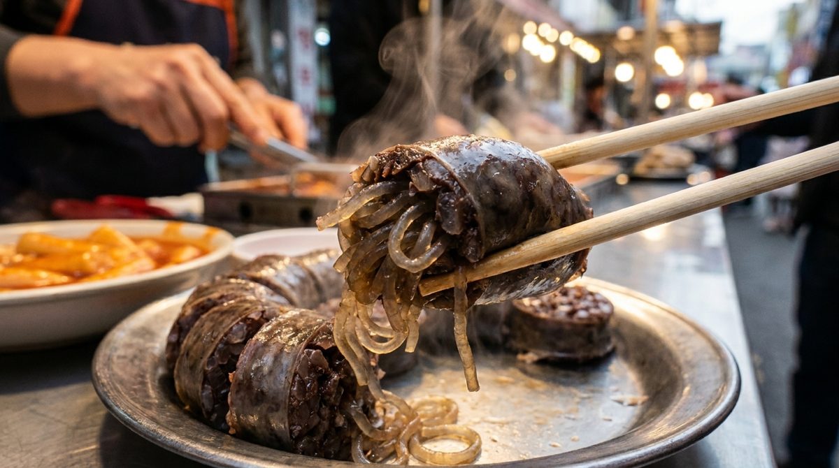 Close-up of Korean sundae showing glass noodle filling inside the casing