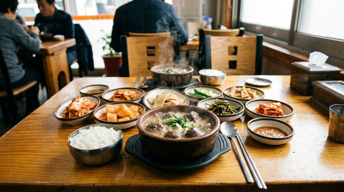 Sundae-guk Korean blood sausage soup with banchan at a Korean restaurant