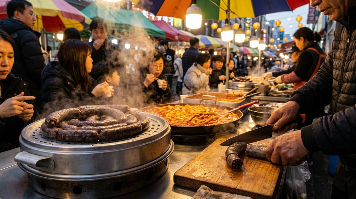 Korean street food stall steaming sundae blood sausage next to tteokbokki