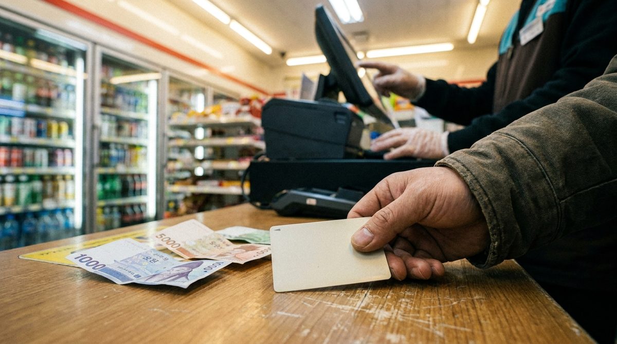 T-money top-up at a Korean convenience store counter - transit card and cash, a key convenience store service in Korea