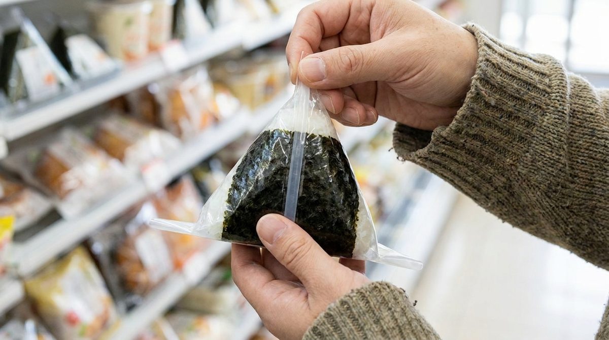 Opening a triangle kimbap wrapper using the numbered tab method