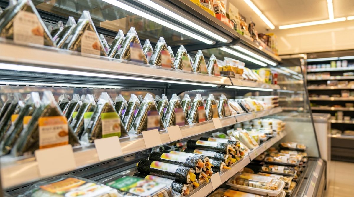 Triangle kimbap flavors in a Korean convenience store chilled shelf
