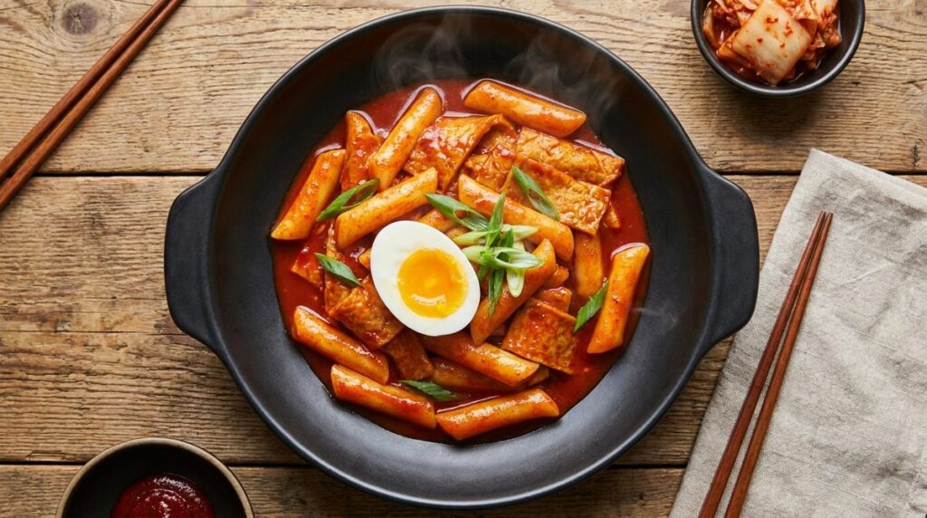 Tteokbokki - Korean spicy rice cakes in red gochujang sauce with fish cakes and boiled egg