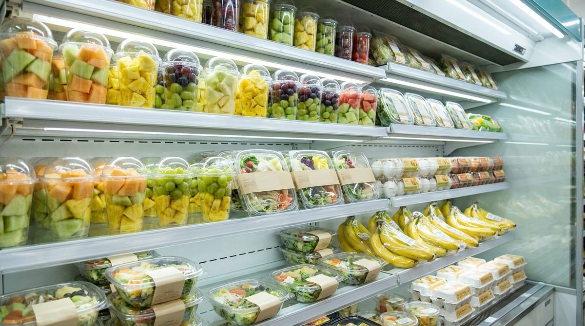 Vegetarian options at a Korean convenience store - chilled fresh section with fruit cups, salads, bananas and eggs