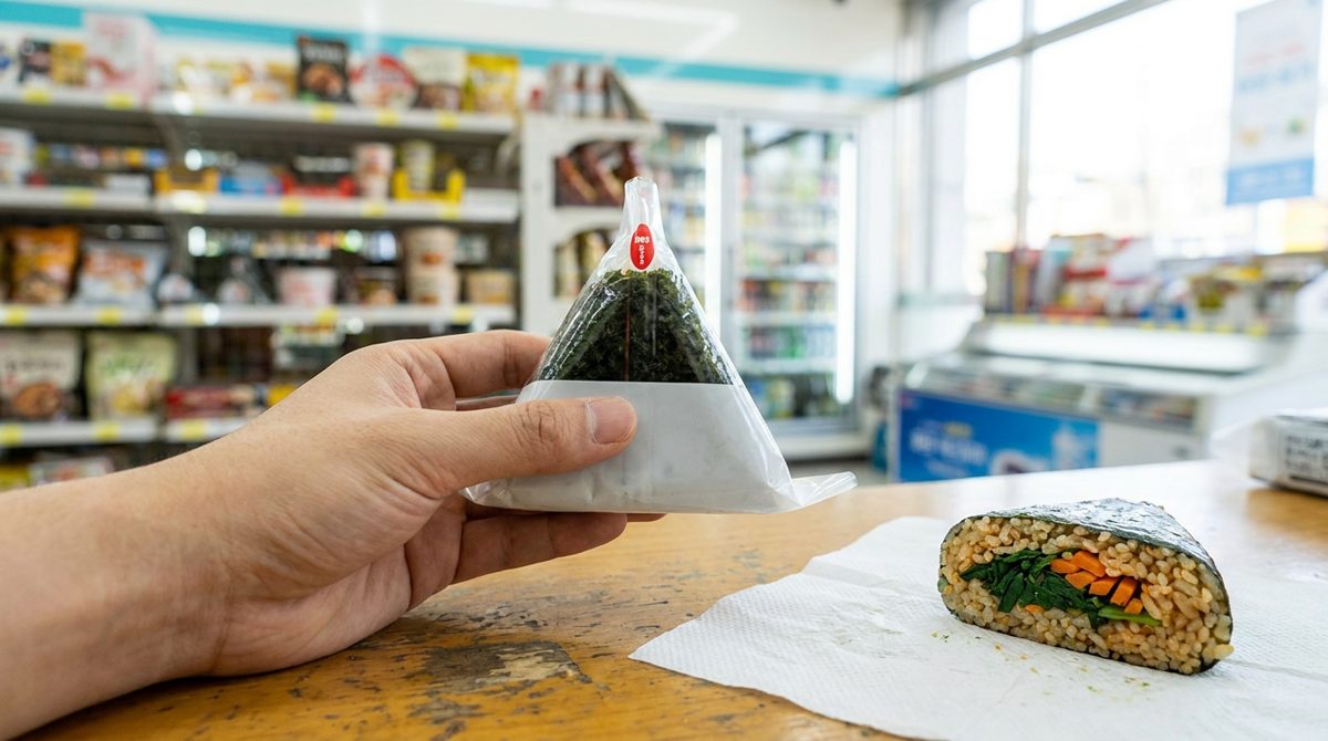 Vegetarian samgak kimbap at a Korean convenience store - checking triangle kimbap fillings