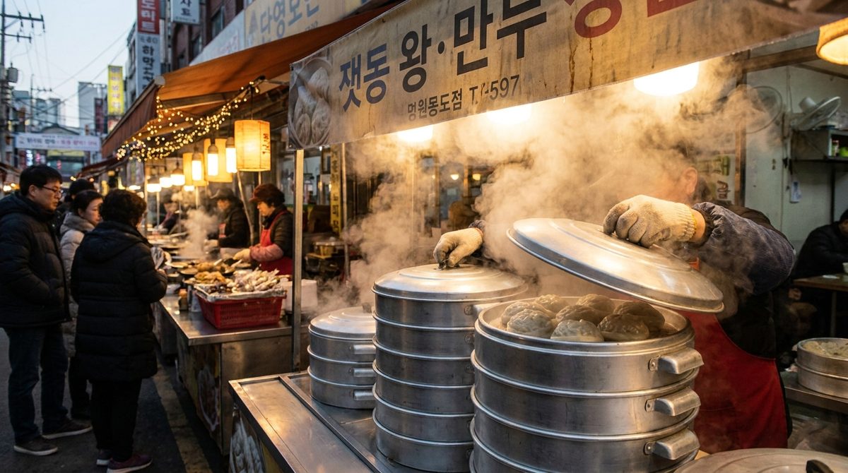 Wang-mandu king-size Korean dumplings steaming at a traditional market stall