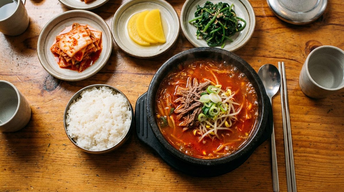 Yukgaejang served at a Korean restaurant table with rice and banchan side dishes