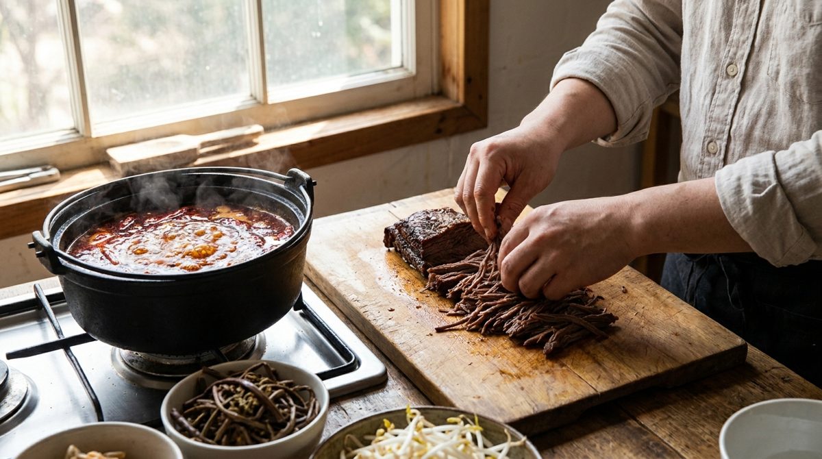 Shredding cooked beef brisket by hand to prepare yukgaejang soup
