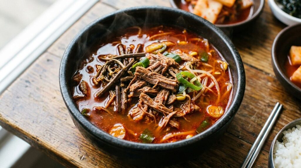 Yukgaejang - spicy Korean shredded beef soup with red chili oil broth