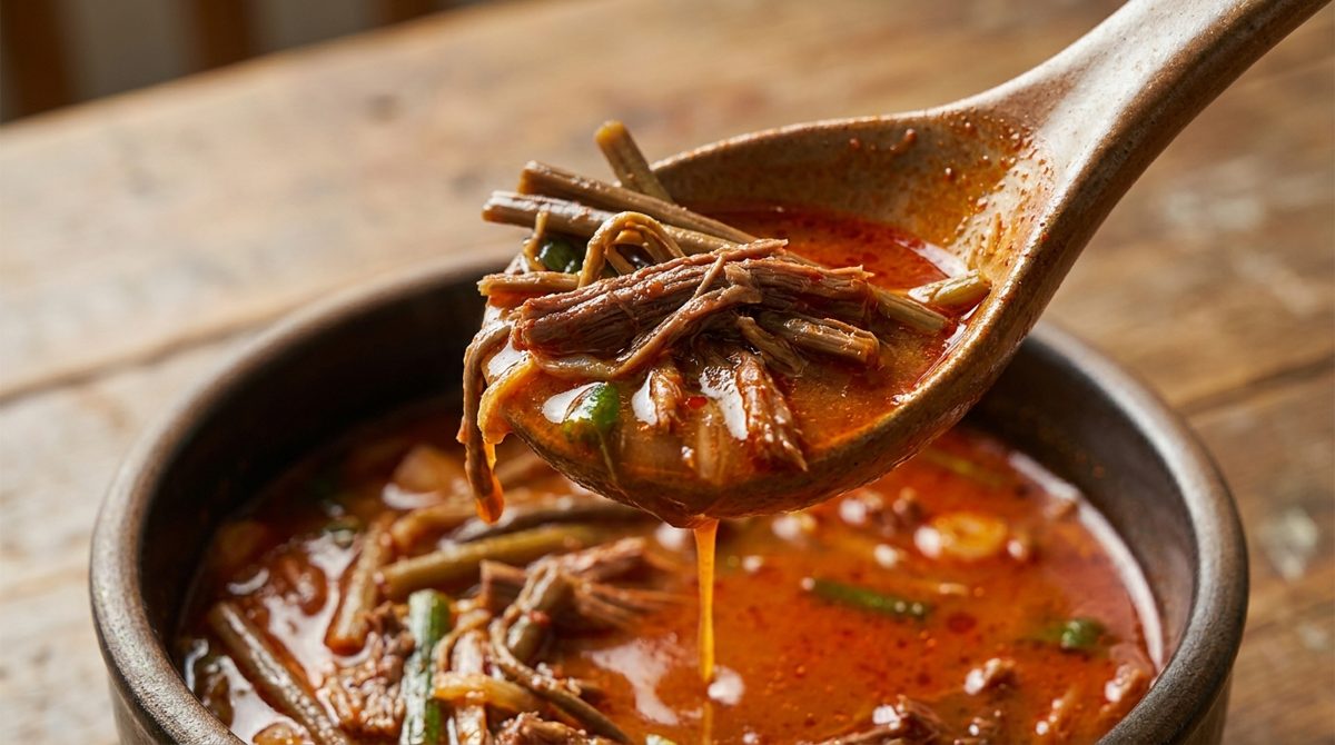Spoon lifting yukgaejang broth showing chili oil sheen and shredded beef