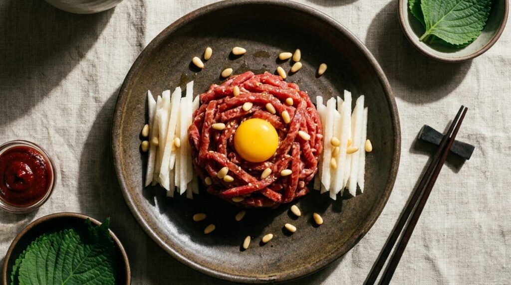 Yukhoe Korean beef tartare with raw egg yolk, pear and sesame oil on a dark plate